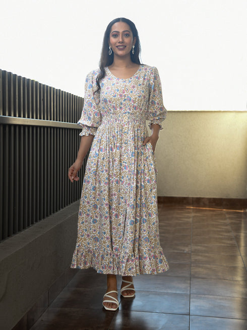 MULMUL PRASHI JAAL BLOCK PRINTED COMFY DRESS MULMUL PRASHI JAAL BLOCK PRINTED COMFY DRESS
